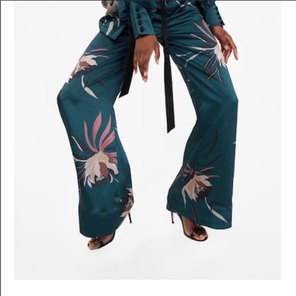 Zara Floral Satin High Waist Palazzo Pants - Picture 2 of 7